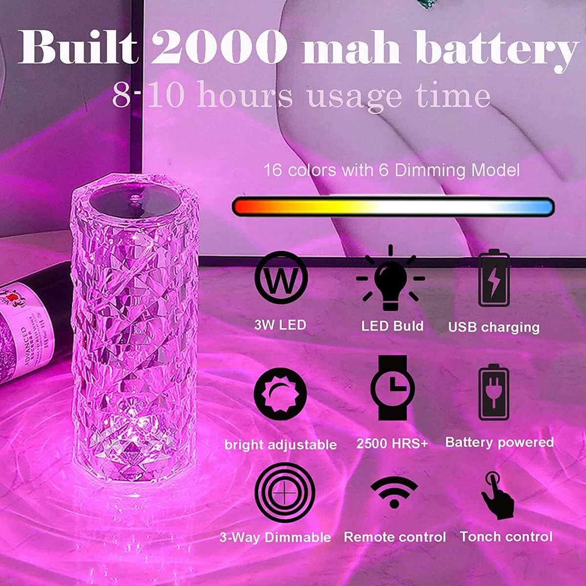 LAMPADA DA TAVOLO RICARICABILE CON USB LED RGB ROSA DIAMOND EFFETTO VETRO TOUCH