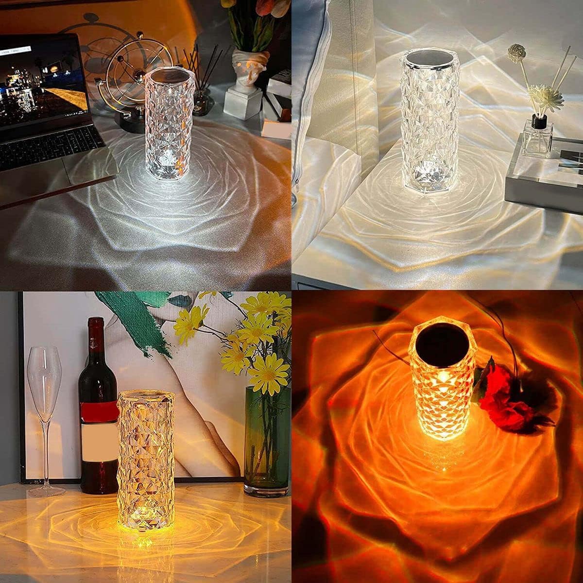 LAMPADA DA TAVOLO RICARICABILE CON USB LED RGB ROSA DIAMOND EFFETTO VETRO TOUCH