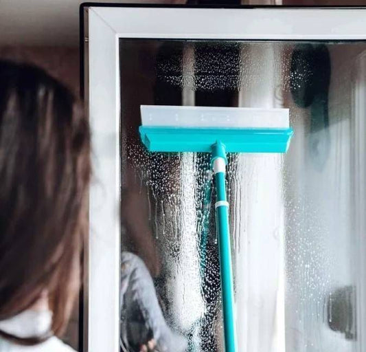 SPATOLA LAVAVETRI GLASS BRUSH PULITORE PER VETRI CON 2 ASTE O ASTA ALLUNGABILE RACCOGLIE L'ACQUA