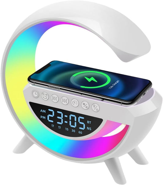 CASSA LED BLUETOOTH CON LAMPADA E CARICATORE WIRELESS CON OROLOGIO E SVEGLIA