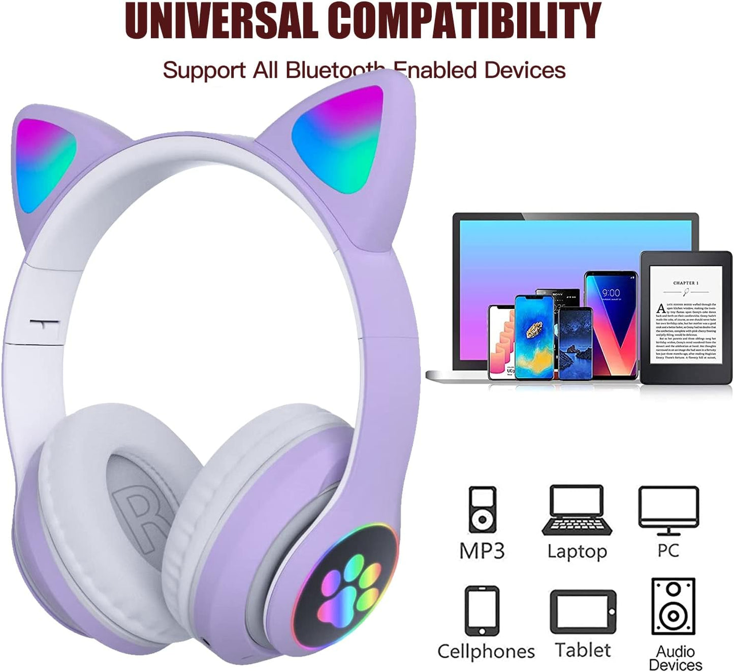 CUFFIE BLUETOOTH WIRELESS GAMING AURICOLARE LED ORECCHIE GATTO IPHONE SMARTPHONE