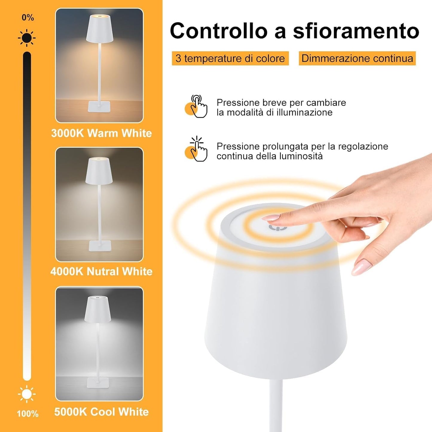 LAMPADA DA TAVOLO LED RICARICABILE TOUCH REGOLABILE BAR CASA HOTEL - BIANCO