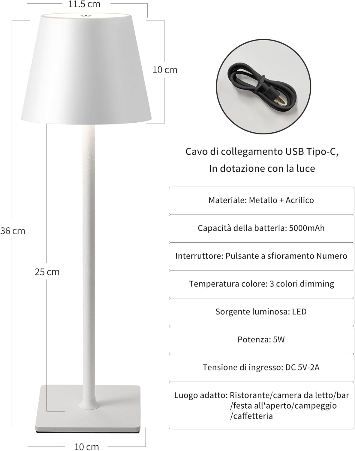 LAMPADA DA TAVOLO LED RICARICABILE TOUCH REGOLABILE BAR CASA HOTEL - BIANCO
