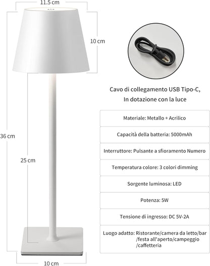 LAMPADA DA TAVOLO LED RICARICABILE TOUCH REGOLABILE BAR CASA HOTEL - BIANCO