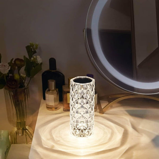 LAMPADA DA TAVOLO RICARICABILE CON USB LED RGB ROSA DIAMOND EFFETTO VETRO TOUCH