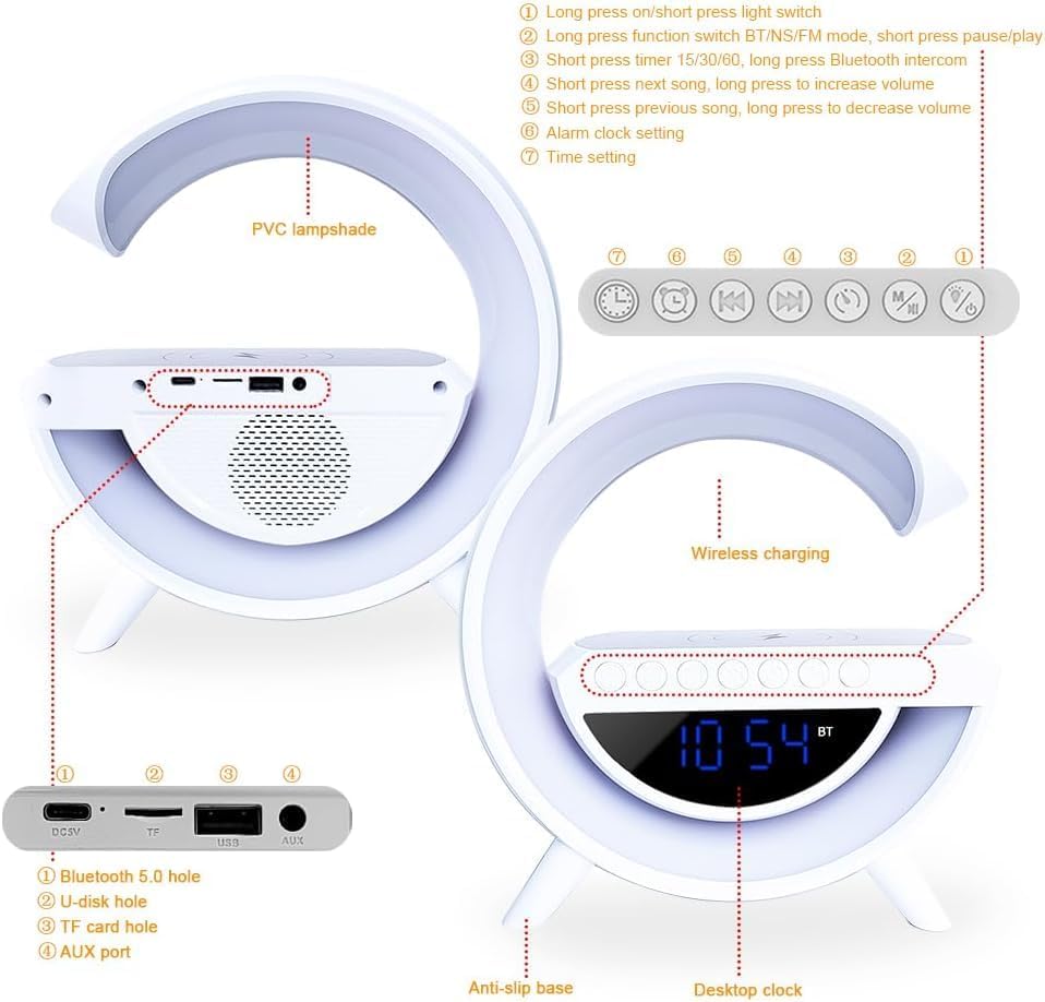 CASSA LED BLUETOOTH CON LAMPADA E CARICATORE WIRELESS CON OROLOGIO E SVEGLIA