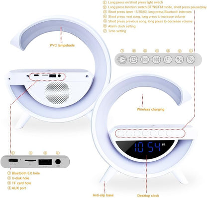 CASSA LED BLUETOOTH CON LAMPADA E CARICATORE WIRELESS CON OROLOGIO E SVEGLIA