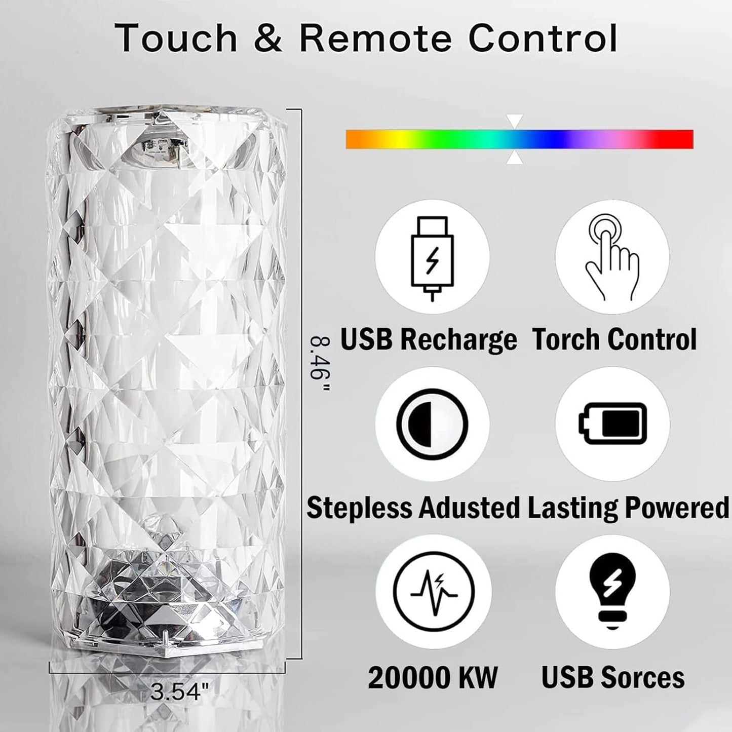 LAMPADA DA TAVOLO RICARICABILE CON USB LED RGB ROSA DIAMOND EFFETTO VETRO TOUCH