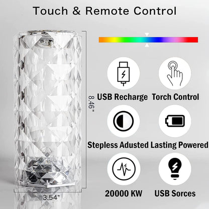 LAMPADA DA TAVOLO RICARICABILE CON USB LED RGB ROSA DIAMOND EFFETTO VETRO TOUCH