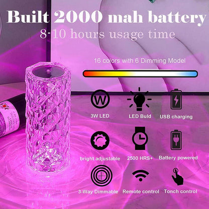 LAMPADA DA TAVOLO RICARICABILE CON USB LED RGB ROSA DIAMOND EFFETTO VETRO TOUCH