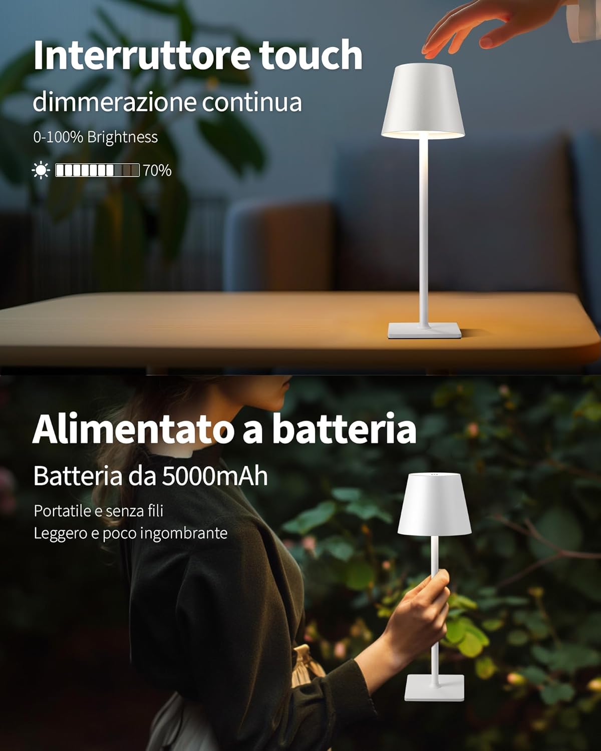 LAMPADA DA TAVOLO LED RICARICABILE TOUCH REGOLABILE BAR CASA HOTEL - BIANCO