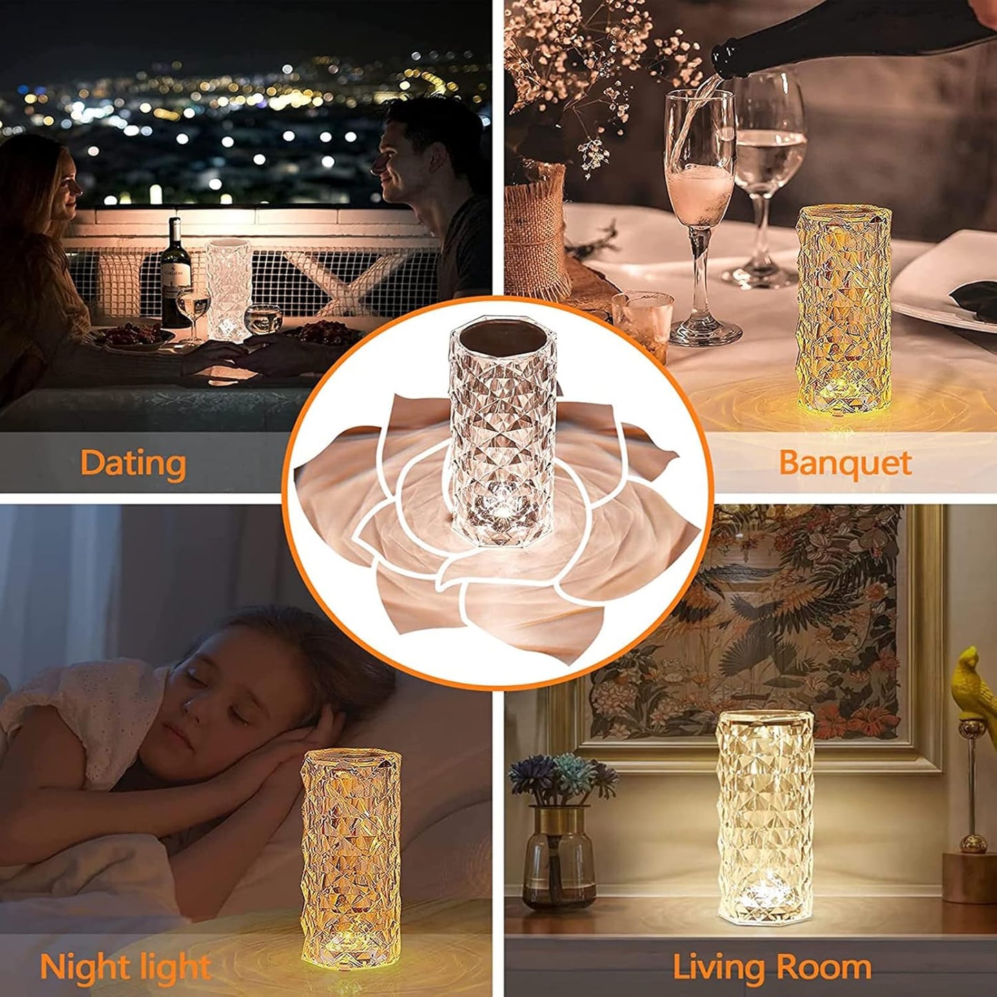 LAMPADA DA TAVOLO RICARICABILE CON USB LED RGB ROSA DIAMOND EFFETTO VETRO TOUCH