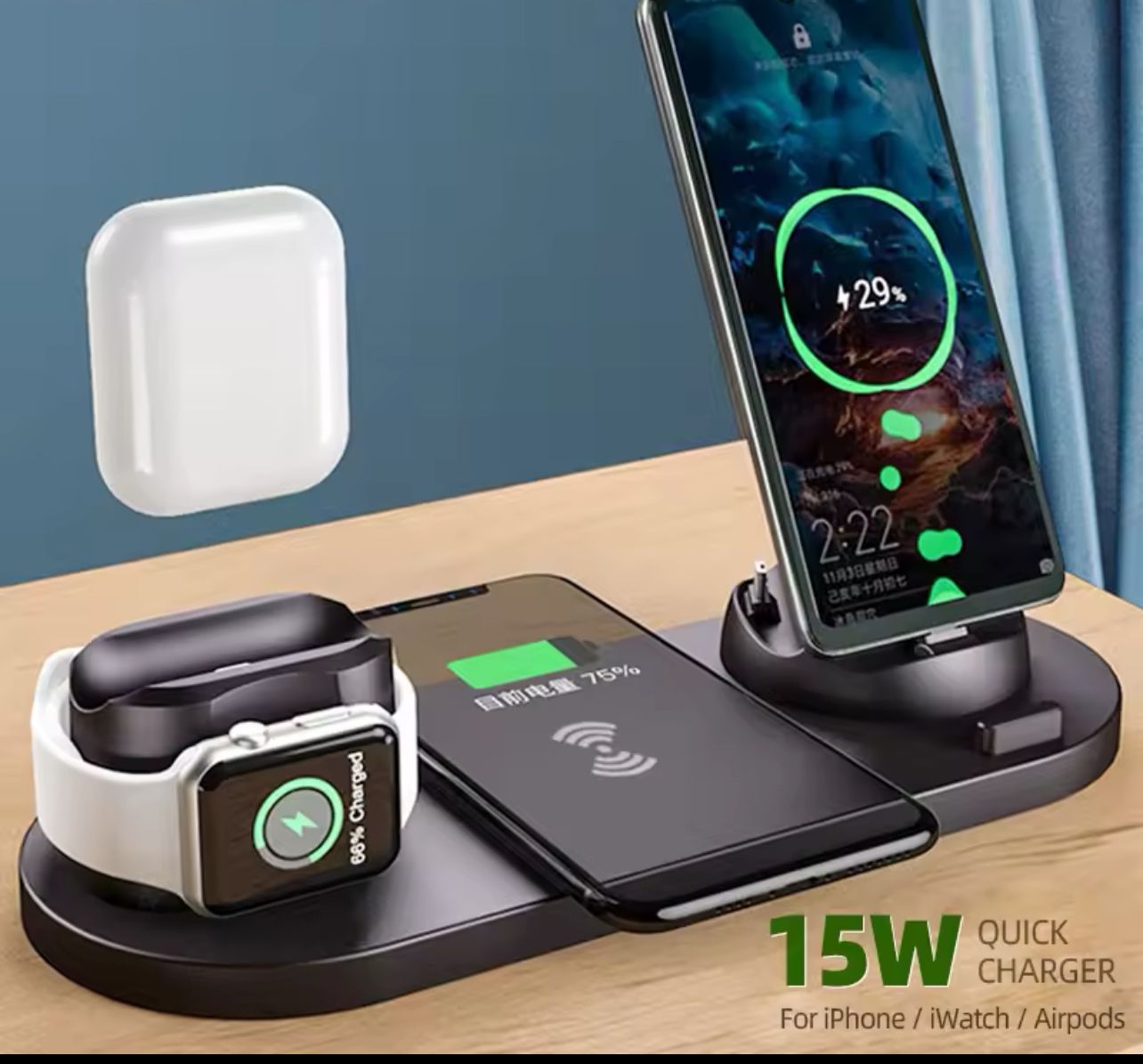 BASE DI RICARICA WIRELESS CARICABATTERIA PER APPLE IPHONE WATCH CUFFIE SAMSUNG