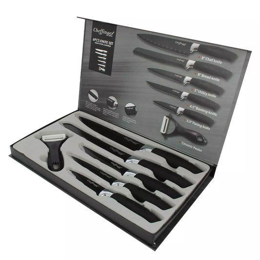 SET COLTELLI CHEFFINGER 6 PEZZI CON LAMA IN ACCIAIO INOX SCATOLA MAGNETICA NERO